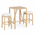 Table haute en bambou naturel avec 2 tabourets blancs, 100 x 50 x 105 cm