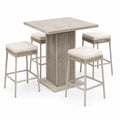 Ensemble beige avec plateau carré effet pierre, 120 x 120 x 105 cm, 4 assises 45 x 45 x 78 cm
