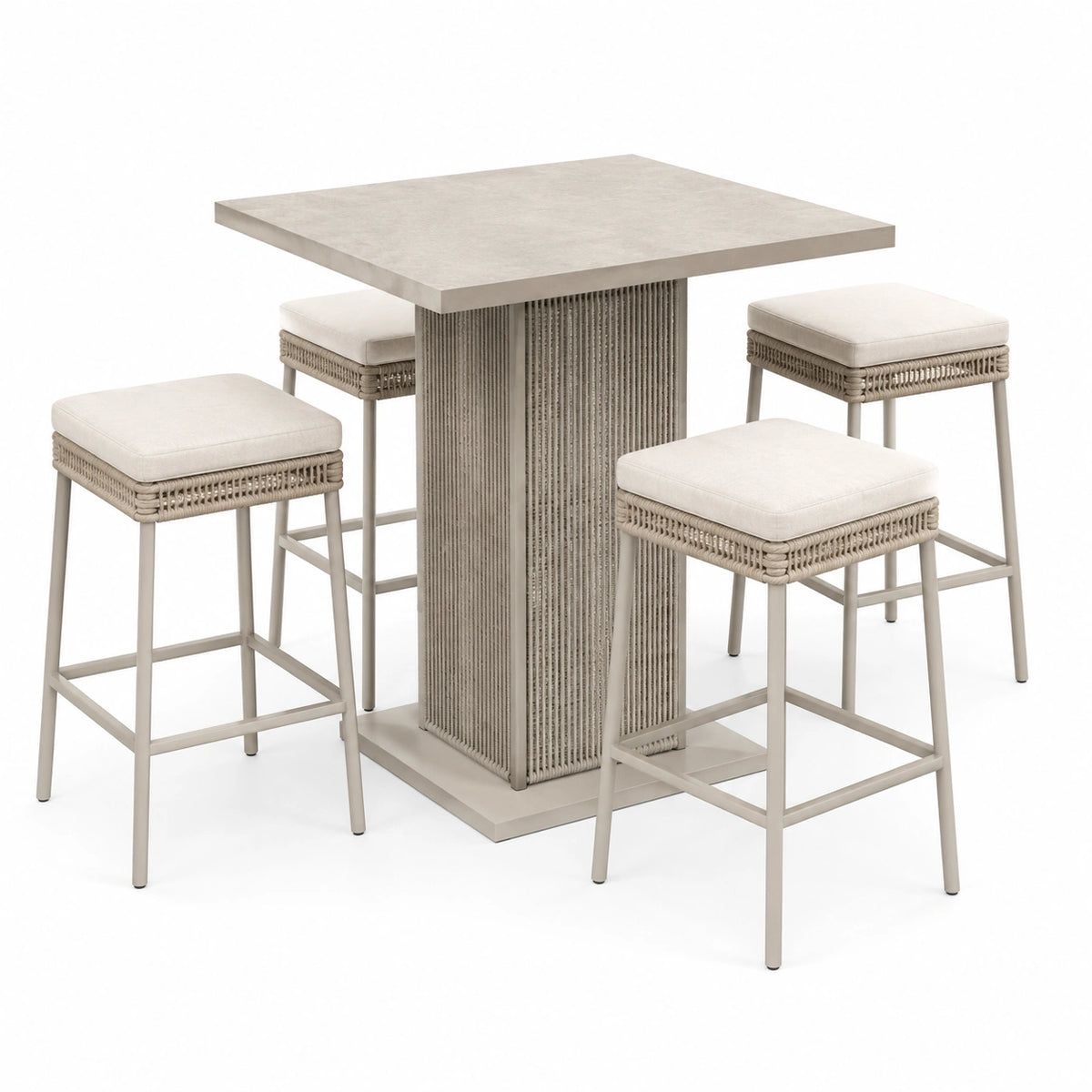 Ensemble beige avec plateau carré effet pierre, 120 x 120 x 105 cm, 4 assises 45 x 45 x 78 cm
