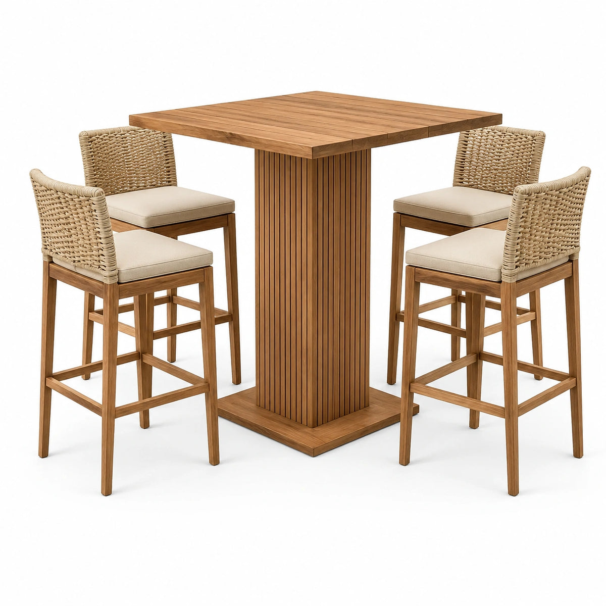 Ensemble table haute et 4 tabourets en bois Brun et Beige, 120 x 120 x 105 cm