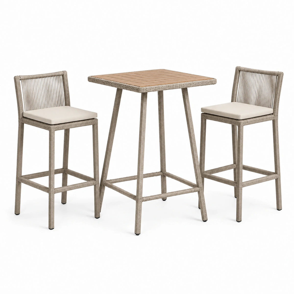 Ensemble de bar extérieur 3 pièces beige et écru, table 110 x 70 x 105 cm et chaises 45 x 56 x 110 cm