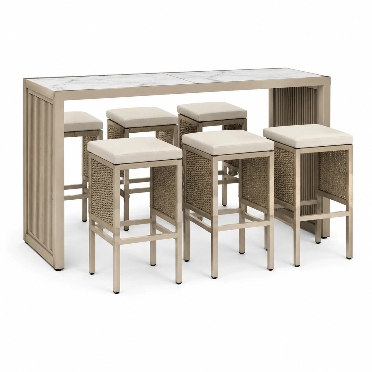 Ensemble repas contemporain beige, blanc et gris effet marbre, 180 x 60 x 105 cm avec 6 assises 40 x 40 x 75 cm