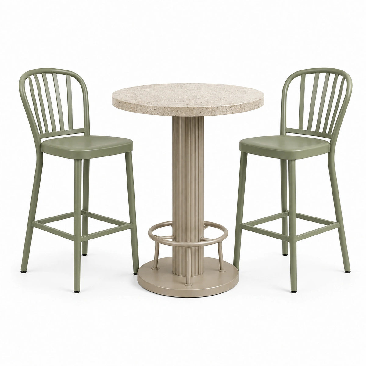 Ensemble bistrot vert olive et beige avec plateau rond Ø 70 x H 105 cm et 2 tabourets 45 x 50 x 105 cm