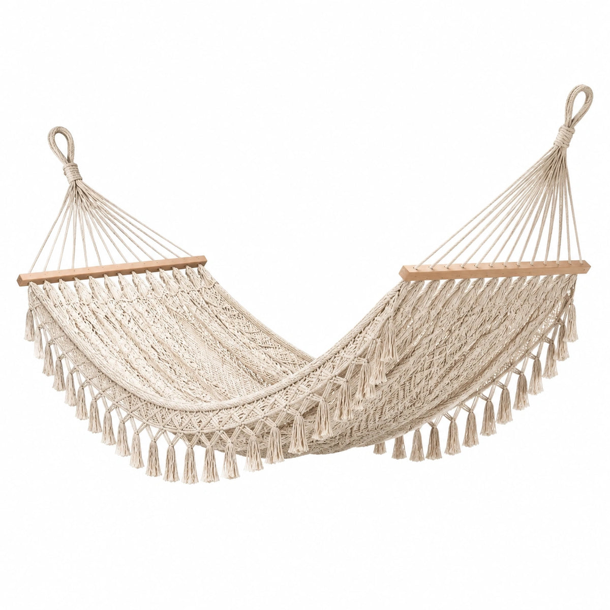 Hamac bohème en coton beige avec barres en bois et franges, 300 x 100 x 5 cm