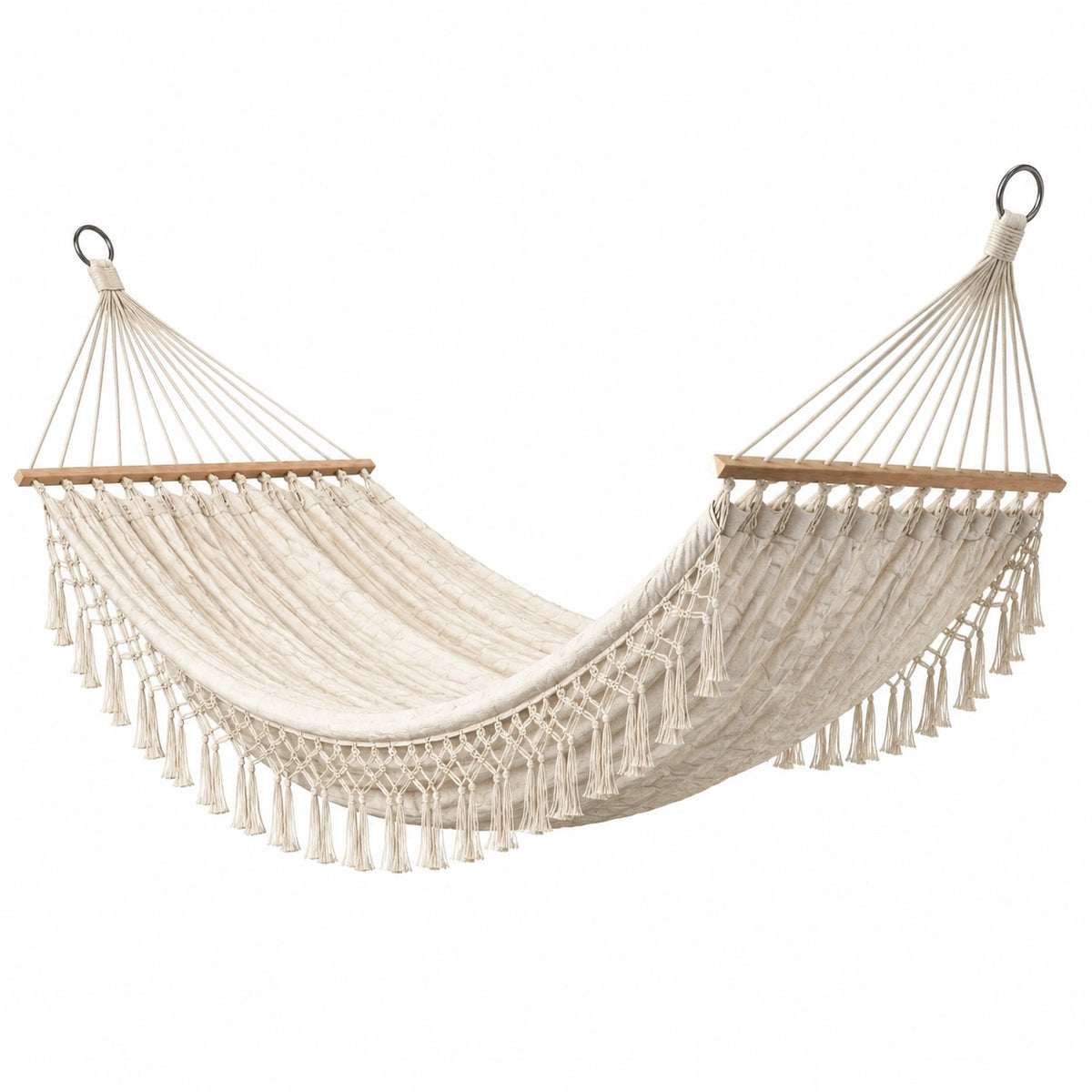 Hamac bohème en coton Écru/Beige avec barres en bois, 300 x 100 x 120 cm