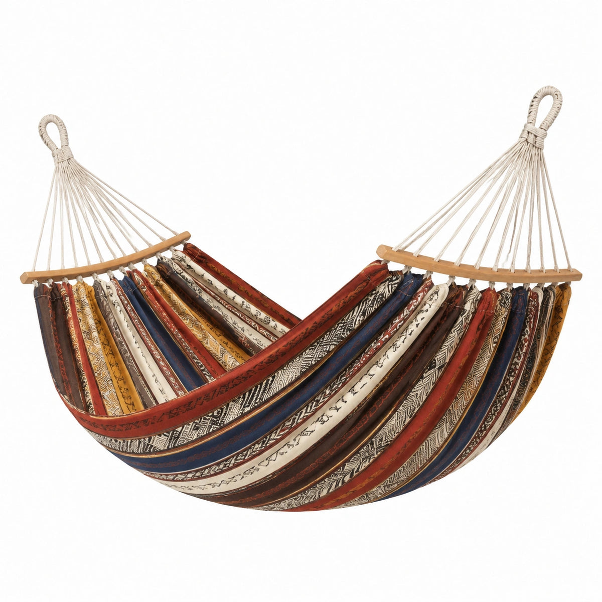 Hamac à barres en bois 270 x 100 x 120 cm à motifs rouge, bleu, beige, marron et jaune