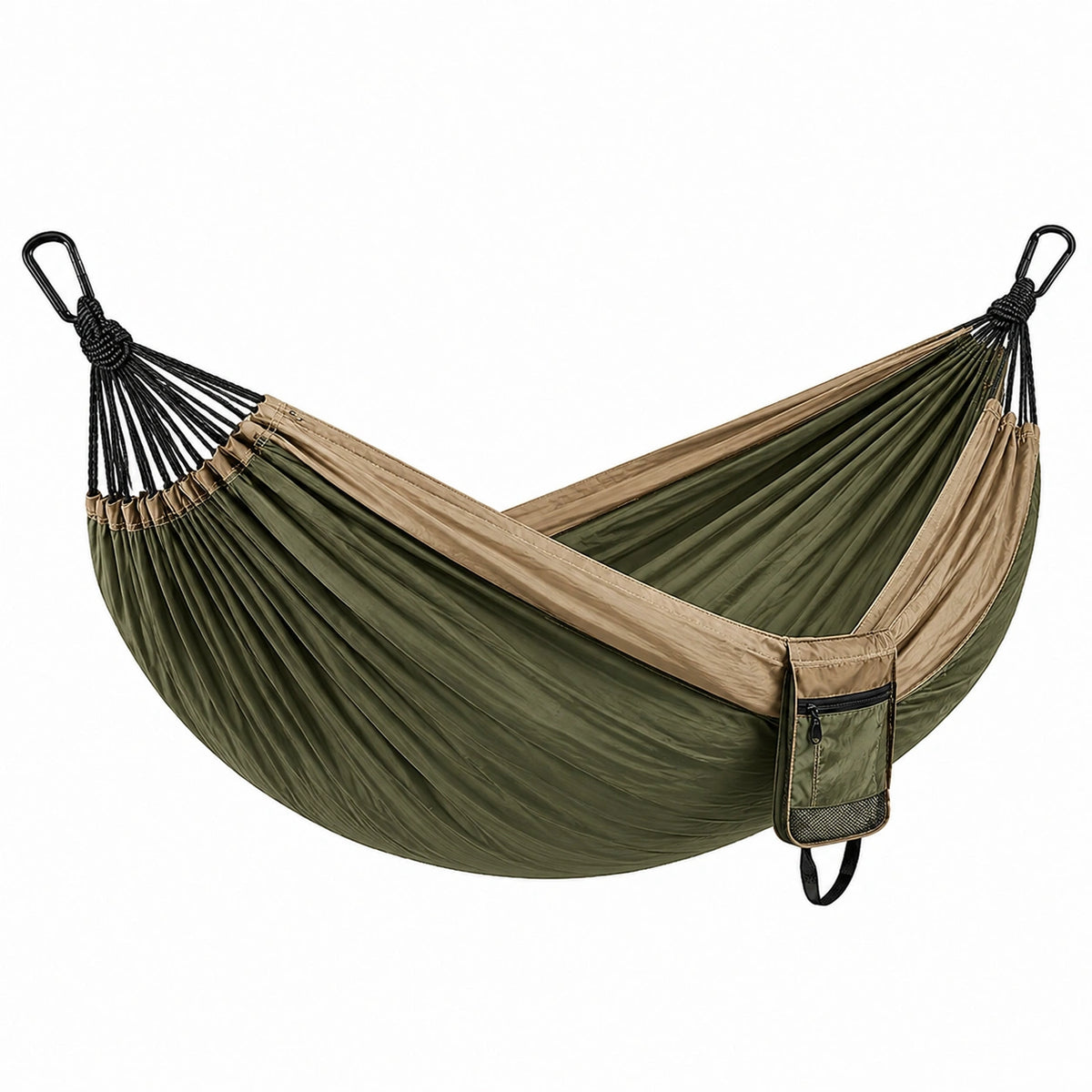 Hamac pliable 270 x 140 cm avec poche latérale zippée, Vert kaki/Beige/Noir