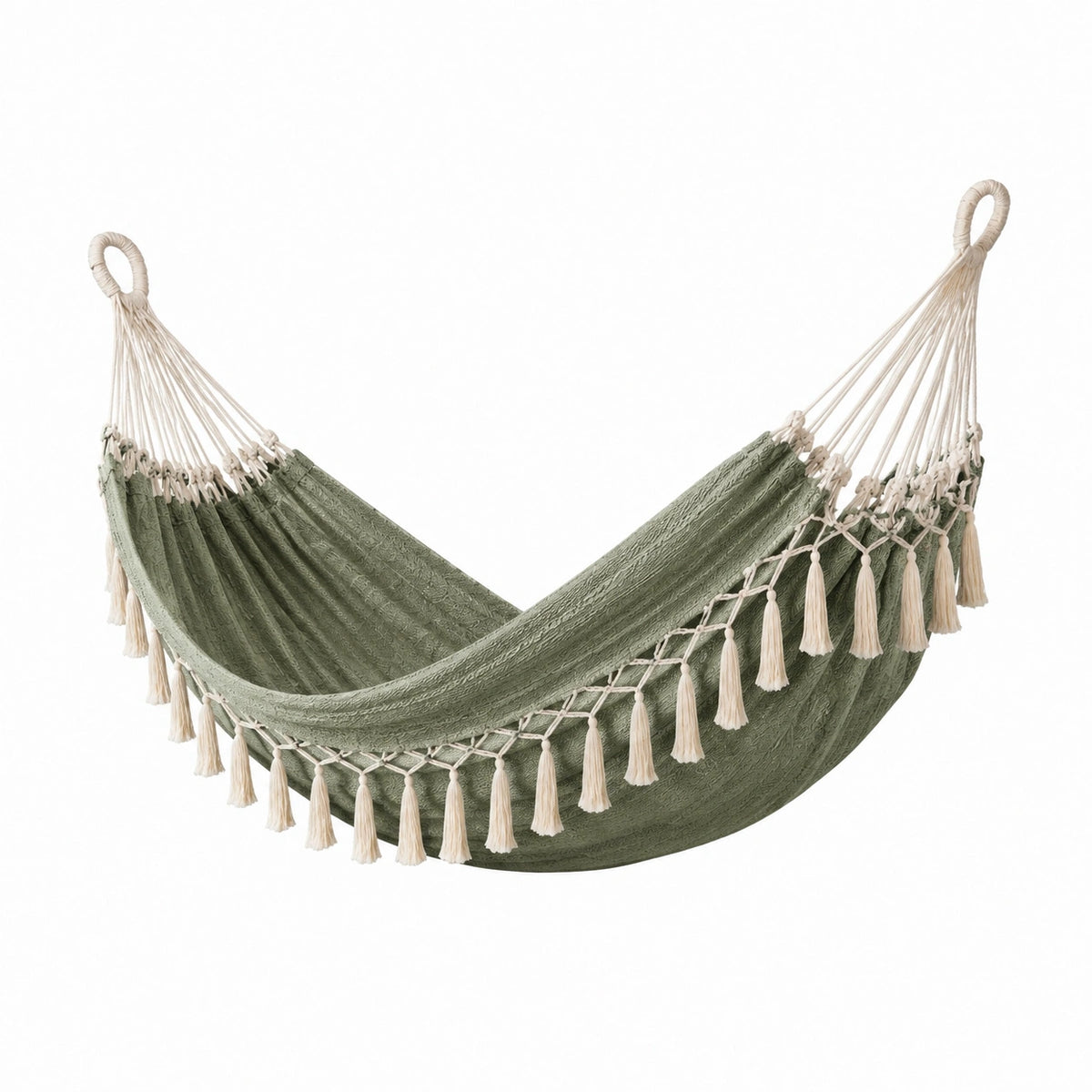 Hamac bohème en coton vert sauge et écru à franges, 300 x 150 x 120 cm