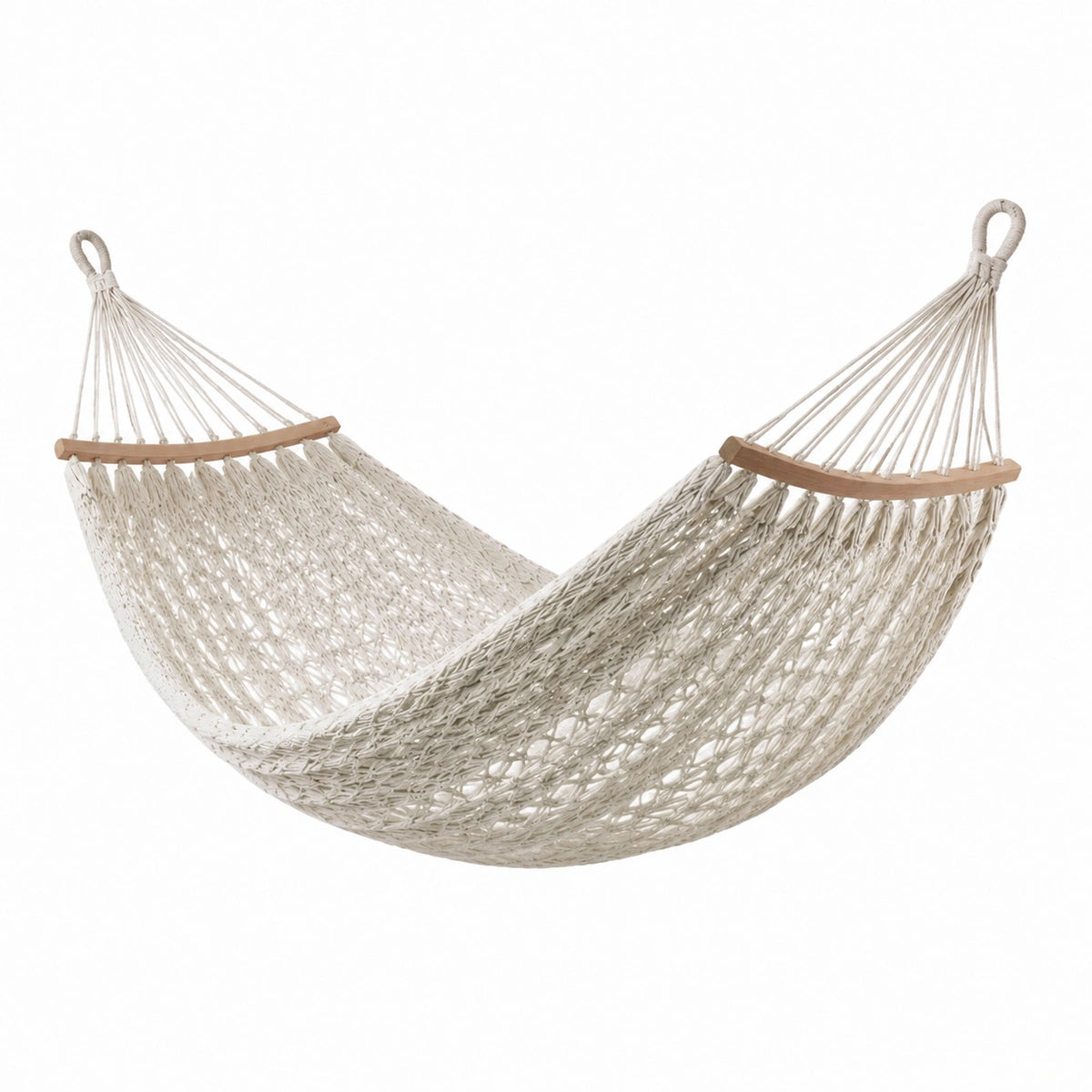 Hamac bohème en coton beige naturel avec barres en bois, 300 x 100 x 10 cm