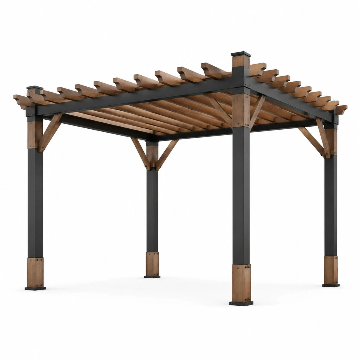 Pergola de jardin 300 x 300 x 250 cm en bois et métal marron et noir à toit ajouré