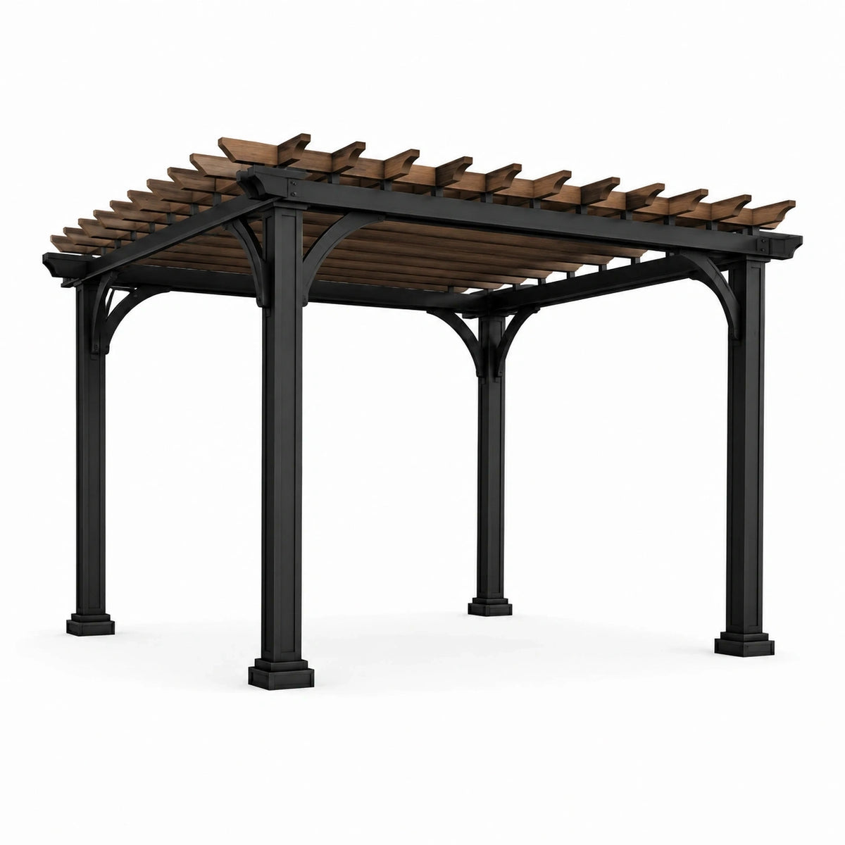 Pergola de jardin contemporaine 400 x 300 x 240 cm en métal noir et bois marron à toit ajouré