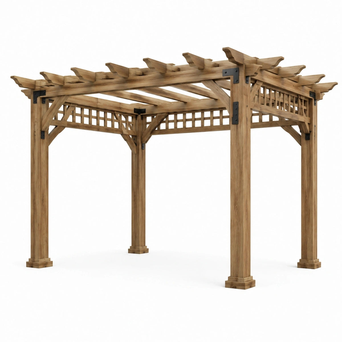 Pergola de jardin traditionnelle en bois marron avec ferrures noires et treillis, 300 x 300 x 240 cm