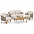 Salon de jardin 4 pièces beige et marron en corde tressée avec table basse en bois, 110 x 60 x 40 cm