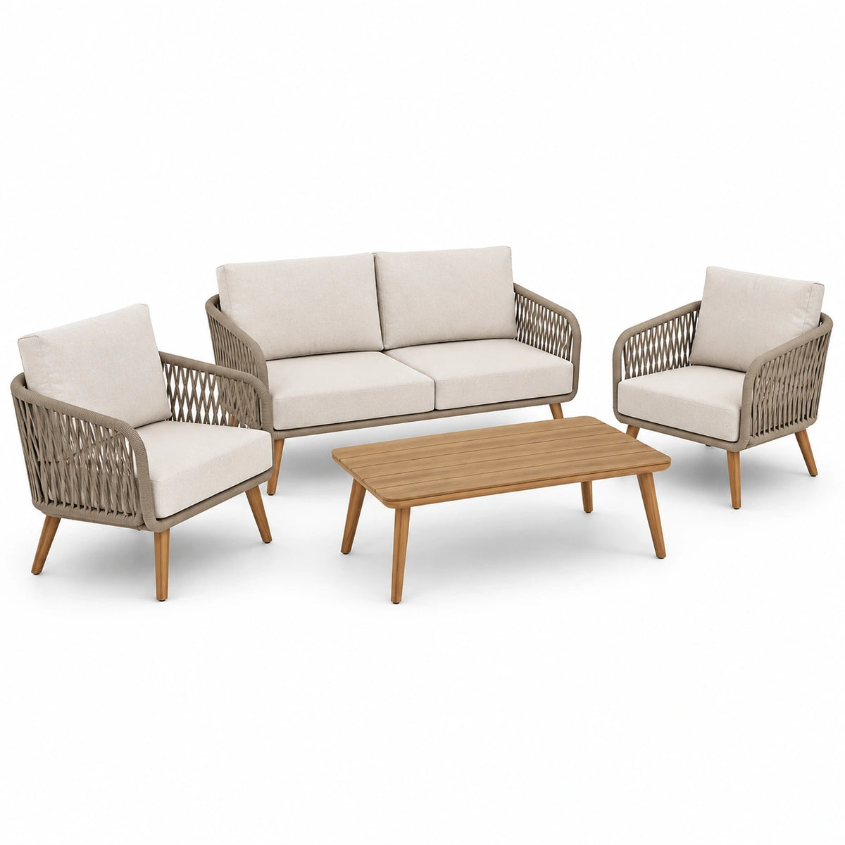 Salon de jardin 4 pièces beige et marron en corde tressée avec table basse en bois, 110 x 60 x 40 cm