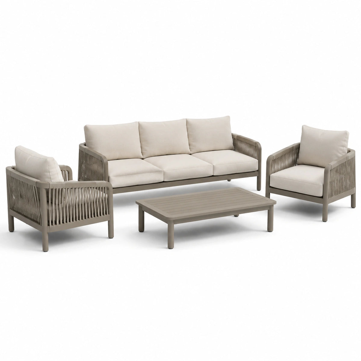 Ensemble de jardin 4 pièces contemporain en aluminium taupe et beige, canapé 210 x 80 x 78 cm