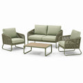 Salon de jardin 4 pièces Vert Sauge et Beige, canapé 2 places 150 x 75 x 78 cm, fauteuils 75 x 75 x 78 cm, table basse 100 x 60 x 42 cm