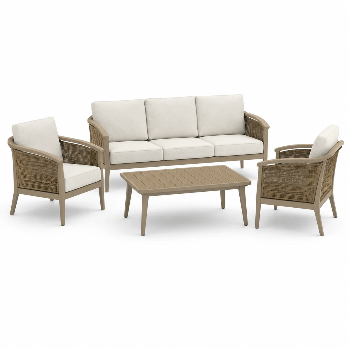 Mobilier de jardin 4 pièces beige, écru et marron avec canapé 3 places 200 x 76 x 78 cm