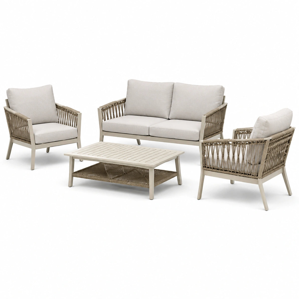Salon de jardin 4 pièces en aluminium et corde tressée Beige clair et Taupe, canapé 120 x 65 x 78 cm