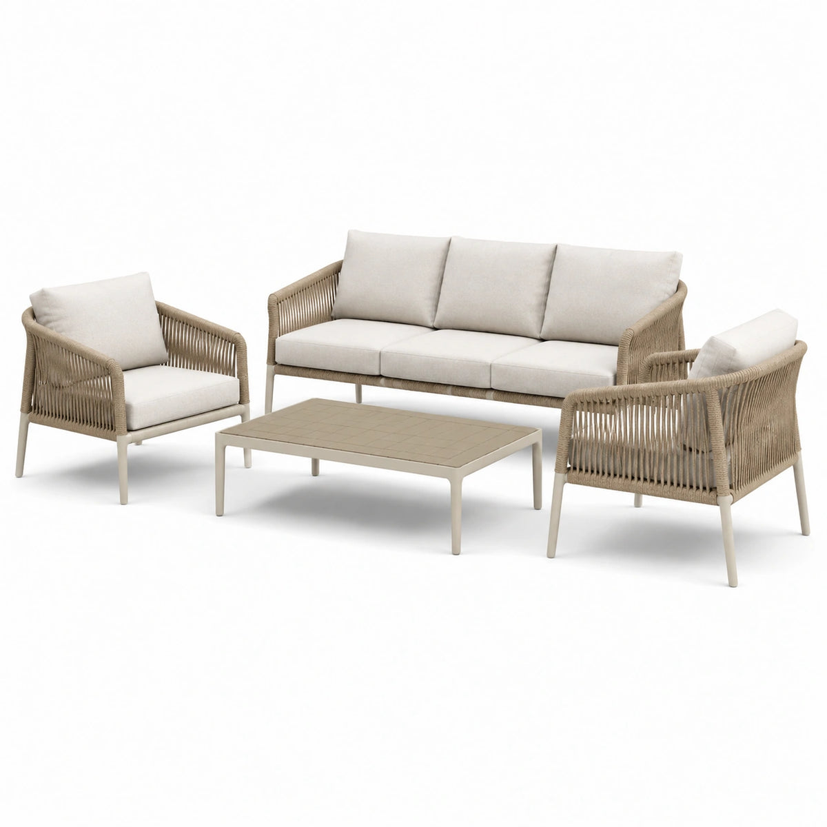 Salon de jardin contemporain Beige et Écru en aluminium et corde tressée, canapé 210 x 78 x 76 cm, fauteuils 78 x 78 x 76 cm, table 120 x 60 x 42 cm