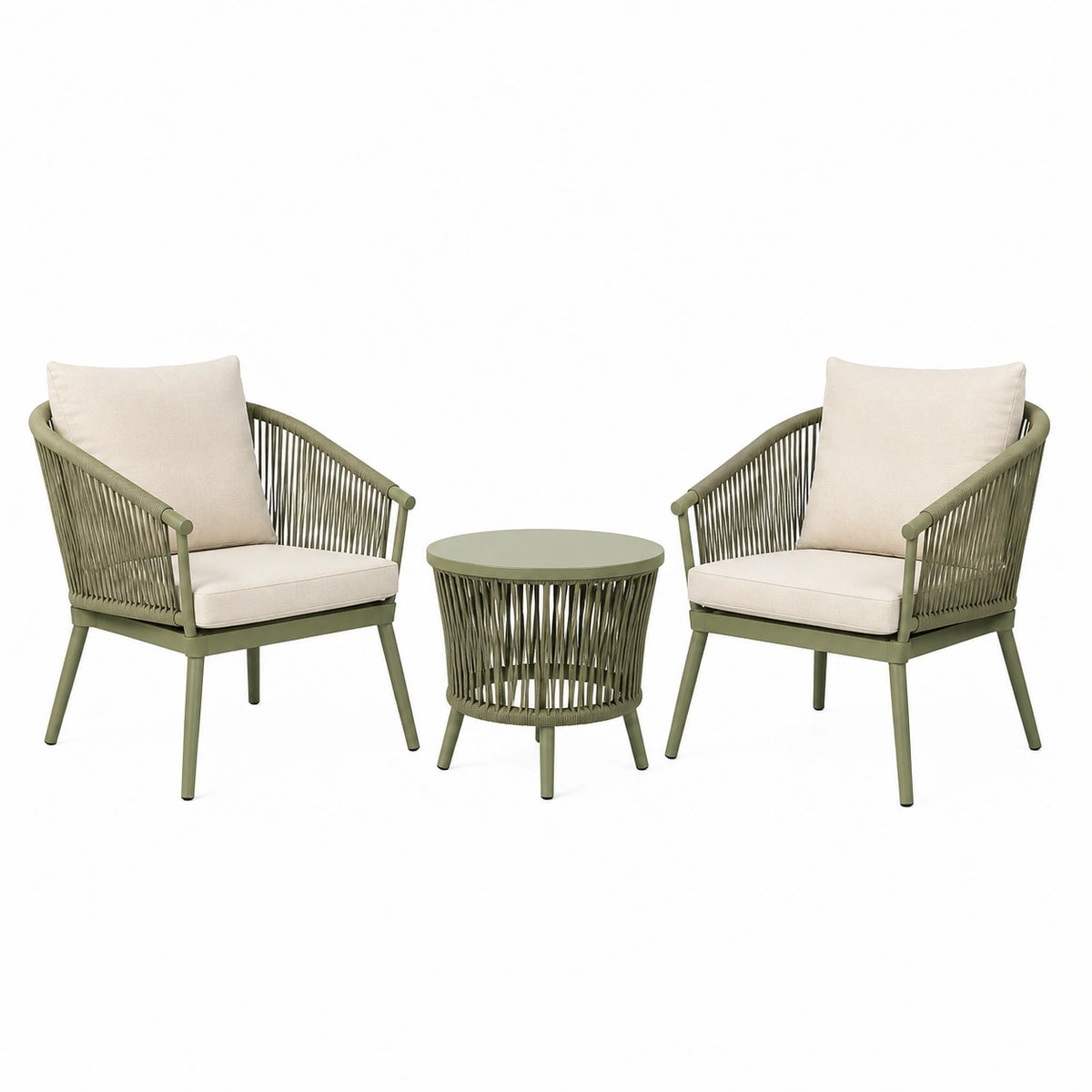 Ensemble de jardin contemporain vert kaki et beige avec 2 fauteuils 68 x 70 x 82 cm et table ronde 50 x 50 x 48 cm