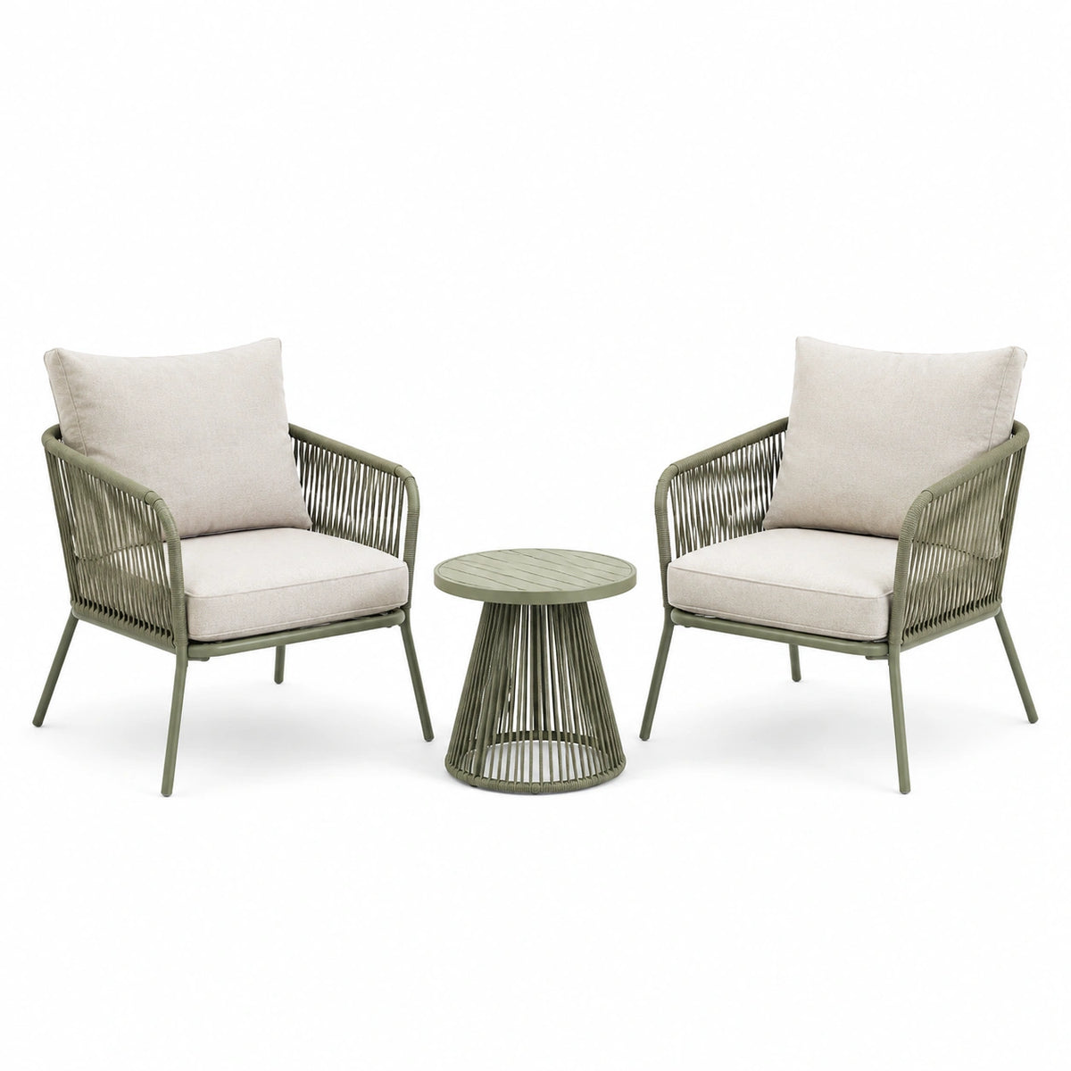 Ensemble de jardin 2 fauteuils avec table ronde Ø 50 cm, métal et cordage vert kaki, coussins beiges