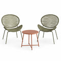 Ensemble de jardin 2 fauteuils et table ronde en métal et corde tressée, Vert/Terracotta, fauteuils 72 x 78 x 85 cm, table Ø 60 x H 72 cm