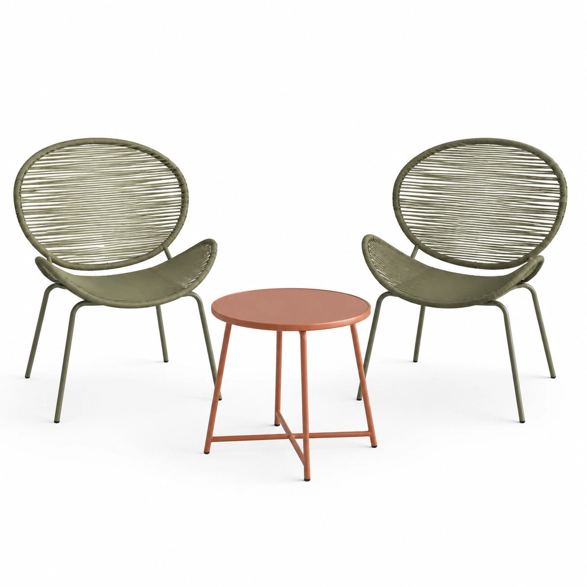 Ensemble de jardin 2 fauteuils et table ronde en métal et corde tressée, Vert/Terracotta, fauteuils 72 x 78 x 85 cm, table Ø 60 x H 72 cm