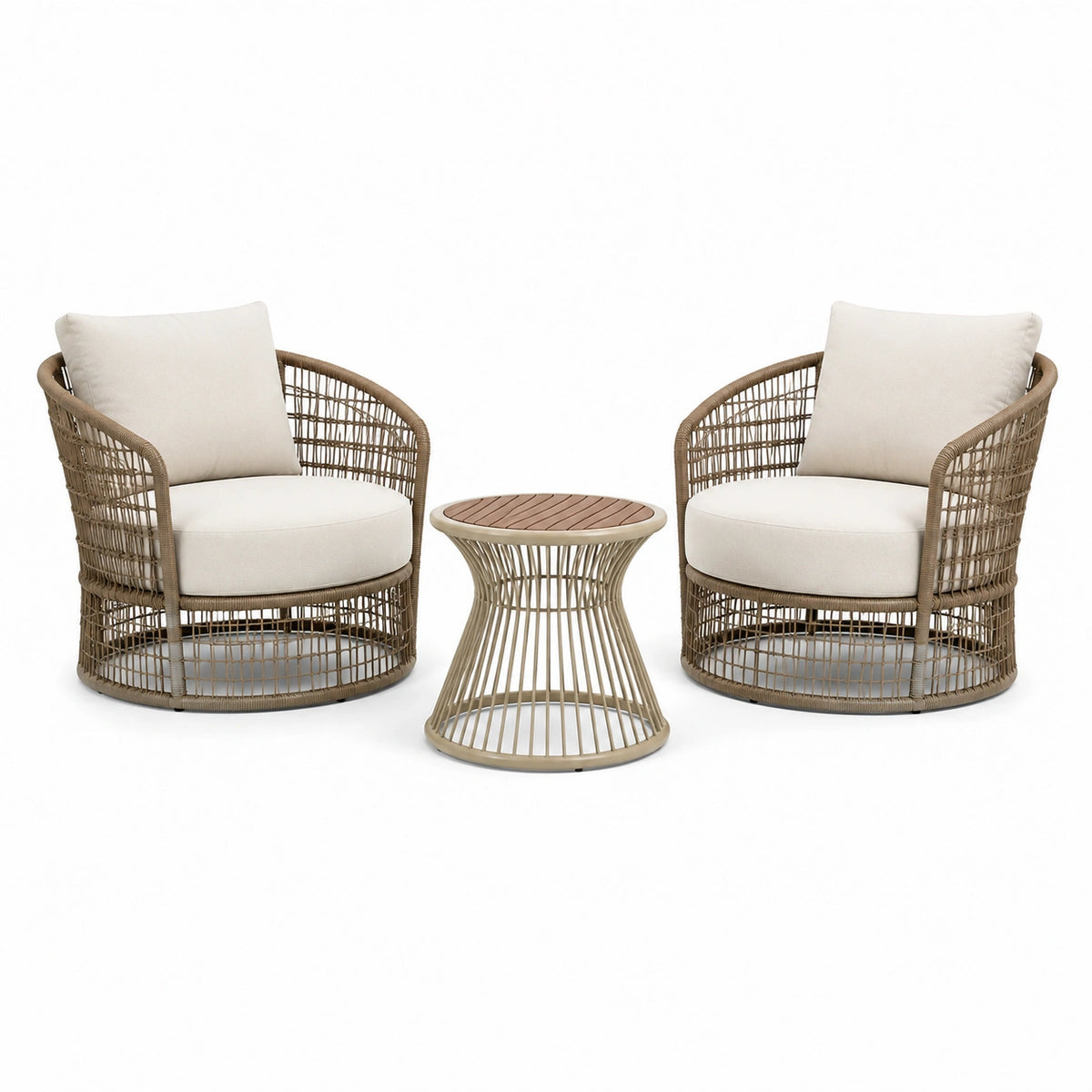 Ensemble extérieur beige et blanc cassé avec 2 fauteuils 78 x 76 x 78 cm et table ronde 50 x 50 cm