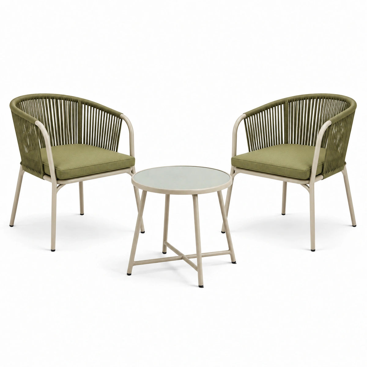 Salon de jardin contemporain 2 fauteuils et table ronde, fauteuils 65 x 65 x 77 cm, table 60 x 60 x 45 cm, Vert kaki et Beige