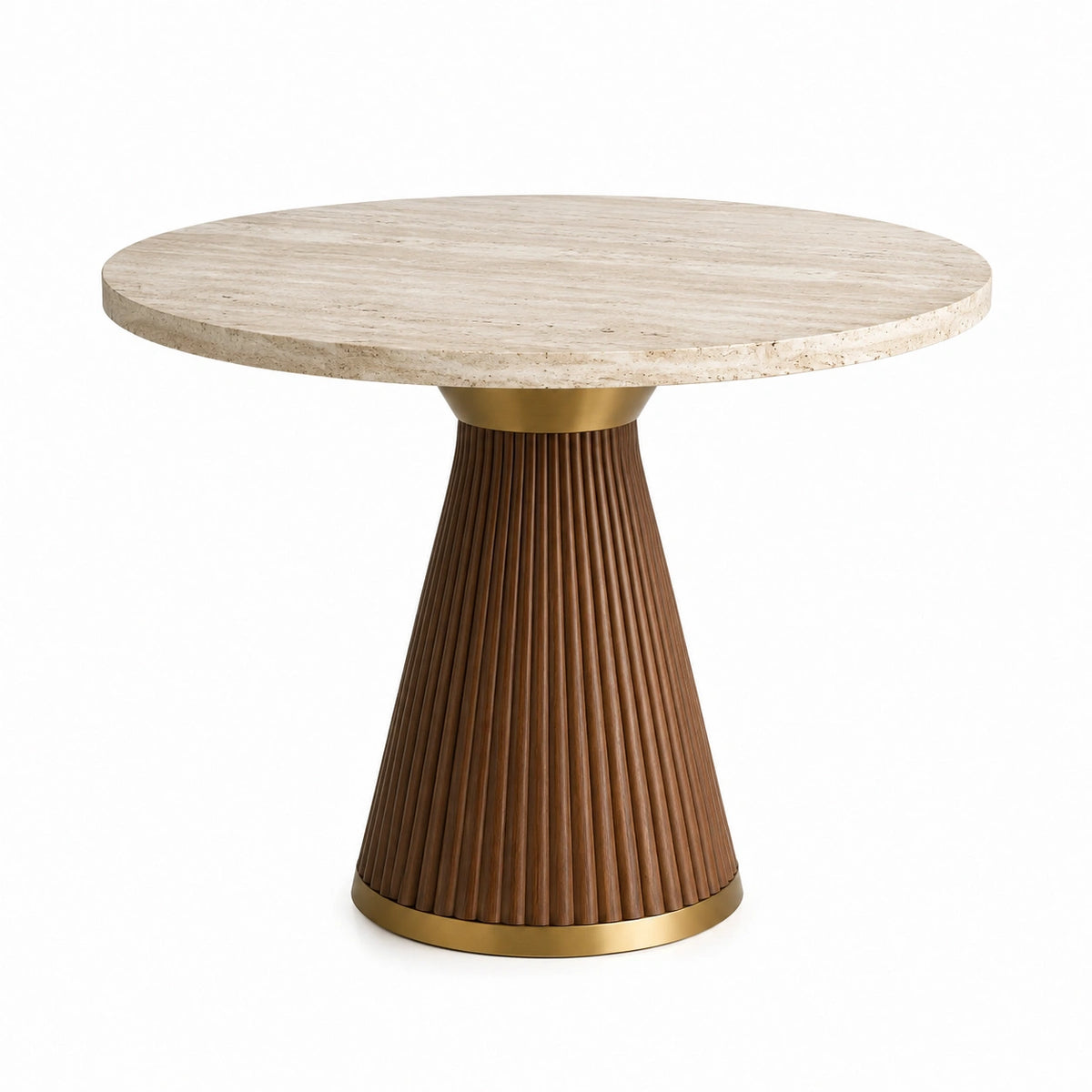 Table à manger ronde Ø 120 x H 75 cm en travertin beige, bois brun et métal doré