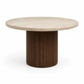 Table ronde contemporaine Ø 120 x H 75 cm en pierre beige et bois brun foncé