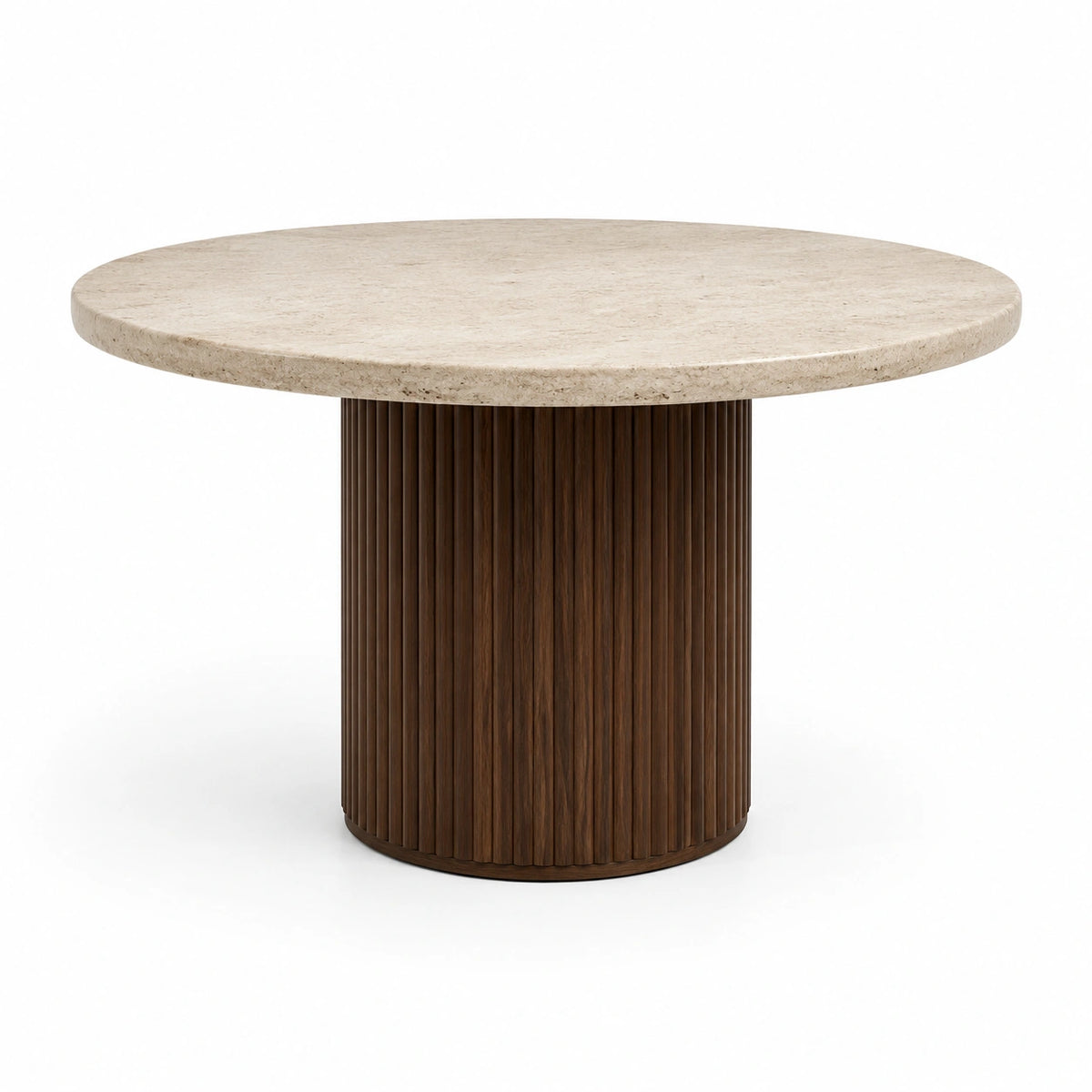 Table ronde contemporaine Ø 120 x H 75 cm en pierre beige et bois brun foncé