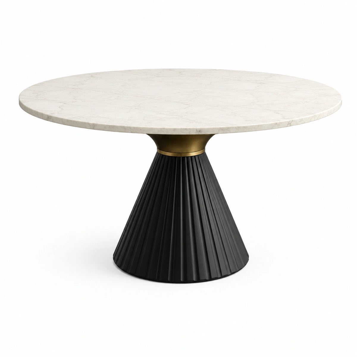 Table ronde contemporaine en marbre blanc, pied métallique noir et doré, Ø 120 x 75 cm