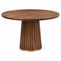 Table ronde Ø 120 x H 75 cm en bois brun noyer, pied central cannelé et anneau doré