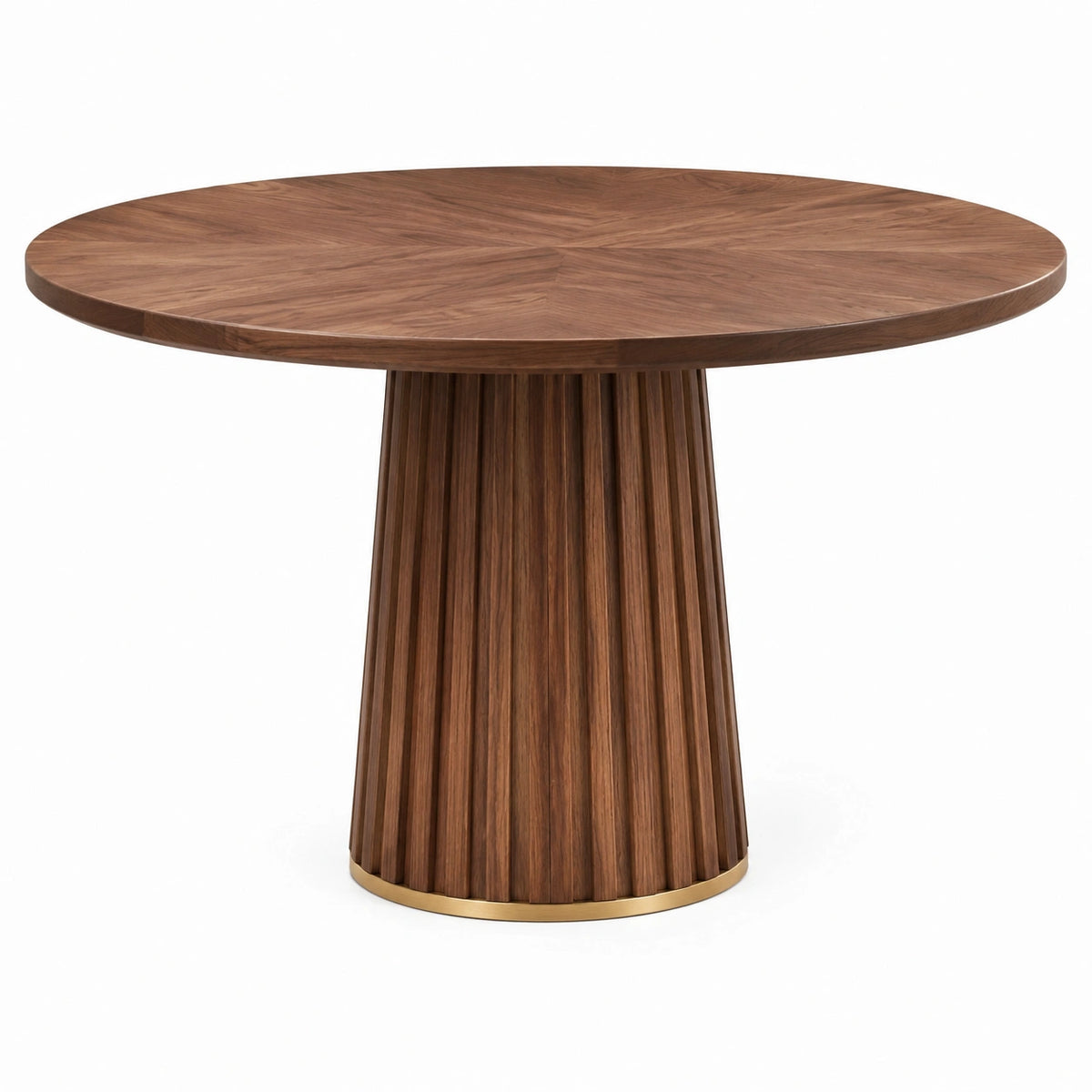Table ronde Ø 120 x H 75 cm en bois brun noyer, pied central cannelé et anneau doré