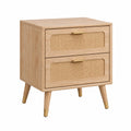 Table de chevet rétro en bois naturel, cannage beige et détails dorés, 50 x 40 x 60 cm