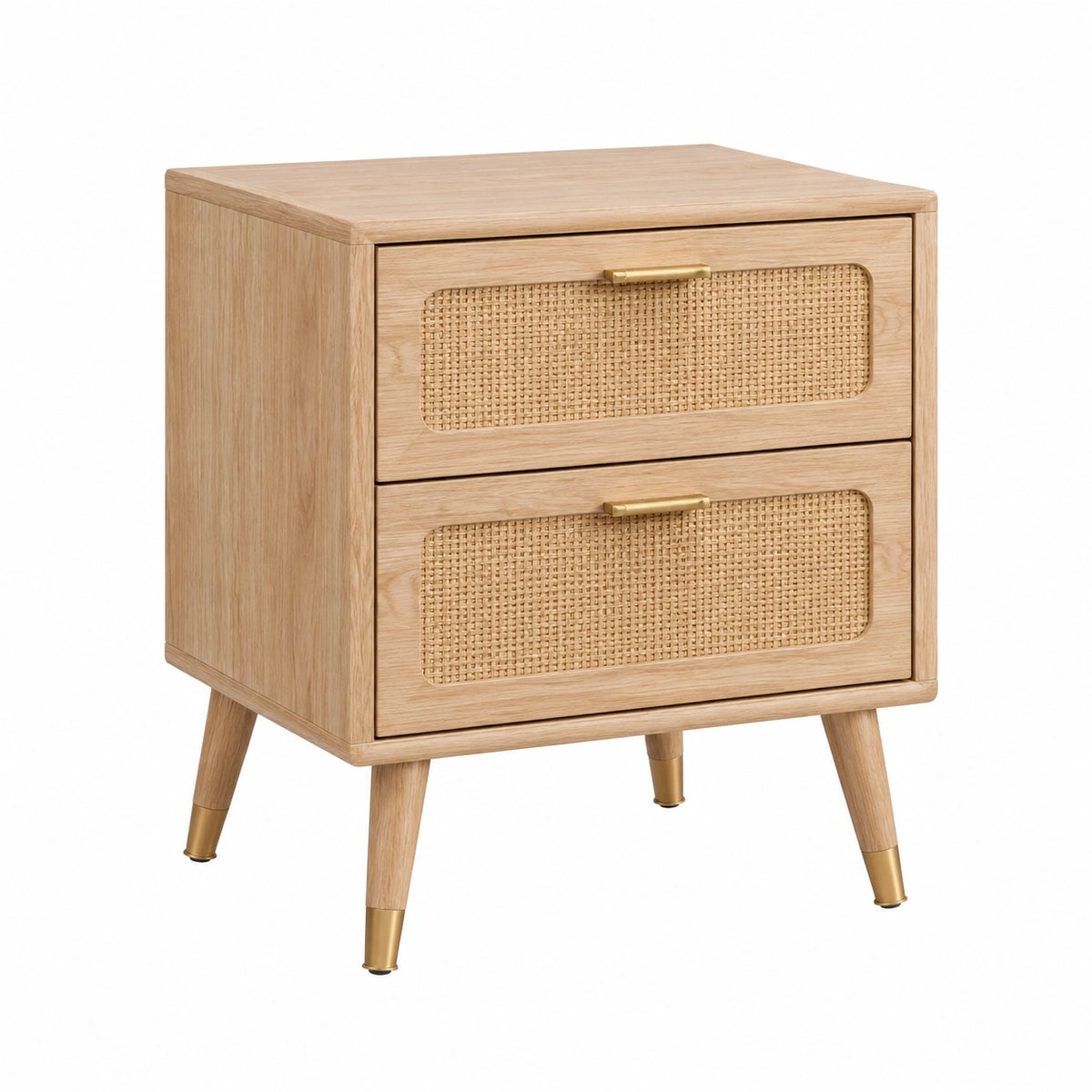 Table de chevet rétro en bois naturel, cannage beige et détails dorés, 50 x 40 x 60 cm