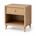 Table de chevet rétro 50 x 40 x 60 cm en bois naturel, cannage et détails dorés