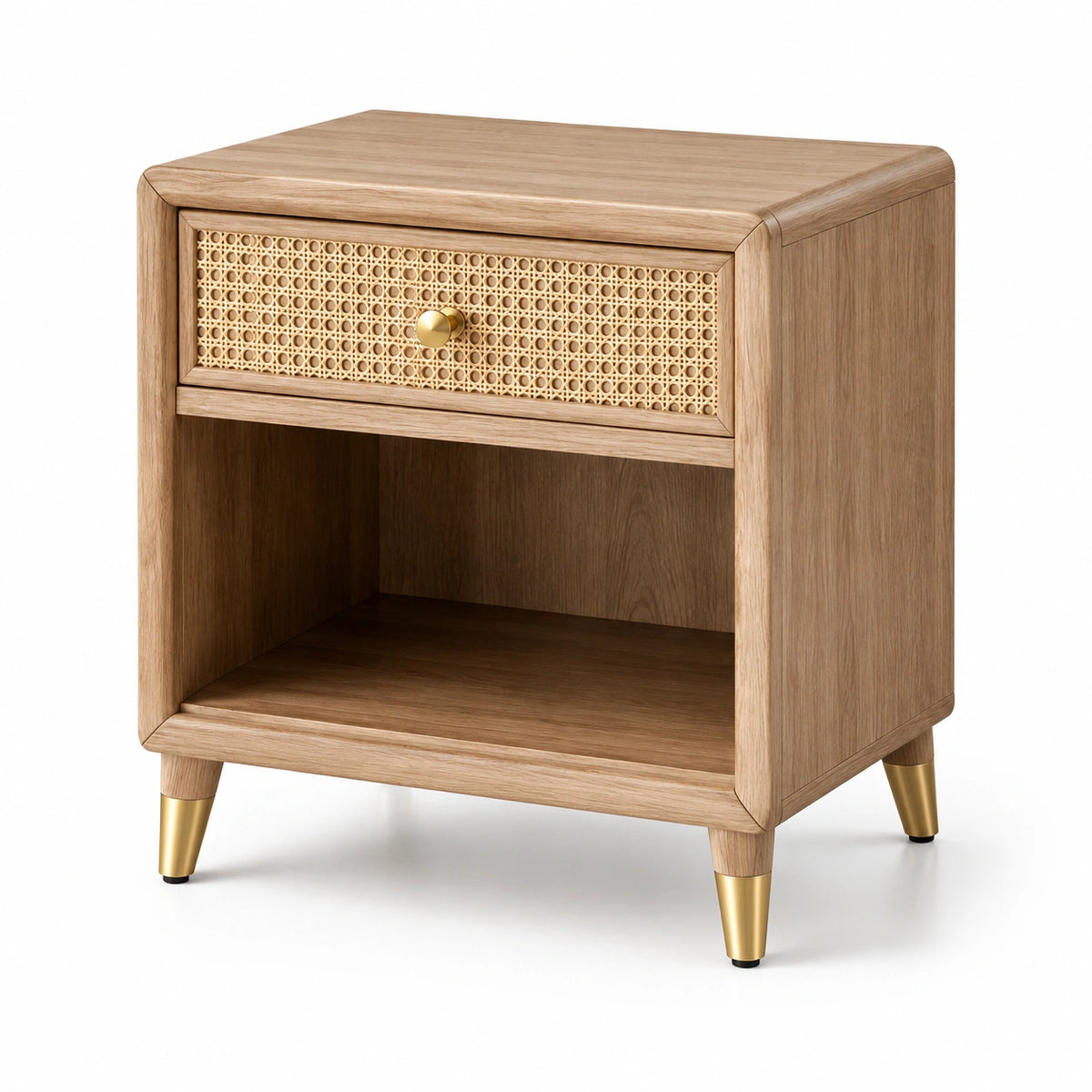 Table de chevet rétro 50 x 40 x 60 cm en bois naturel, cannage et détails dorés