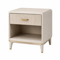 Table de chevet contemporaine beige et dorée en tissu, 50 x 40 x 60 cm, avec tiroir et niche