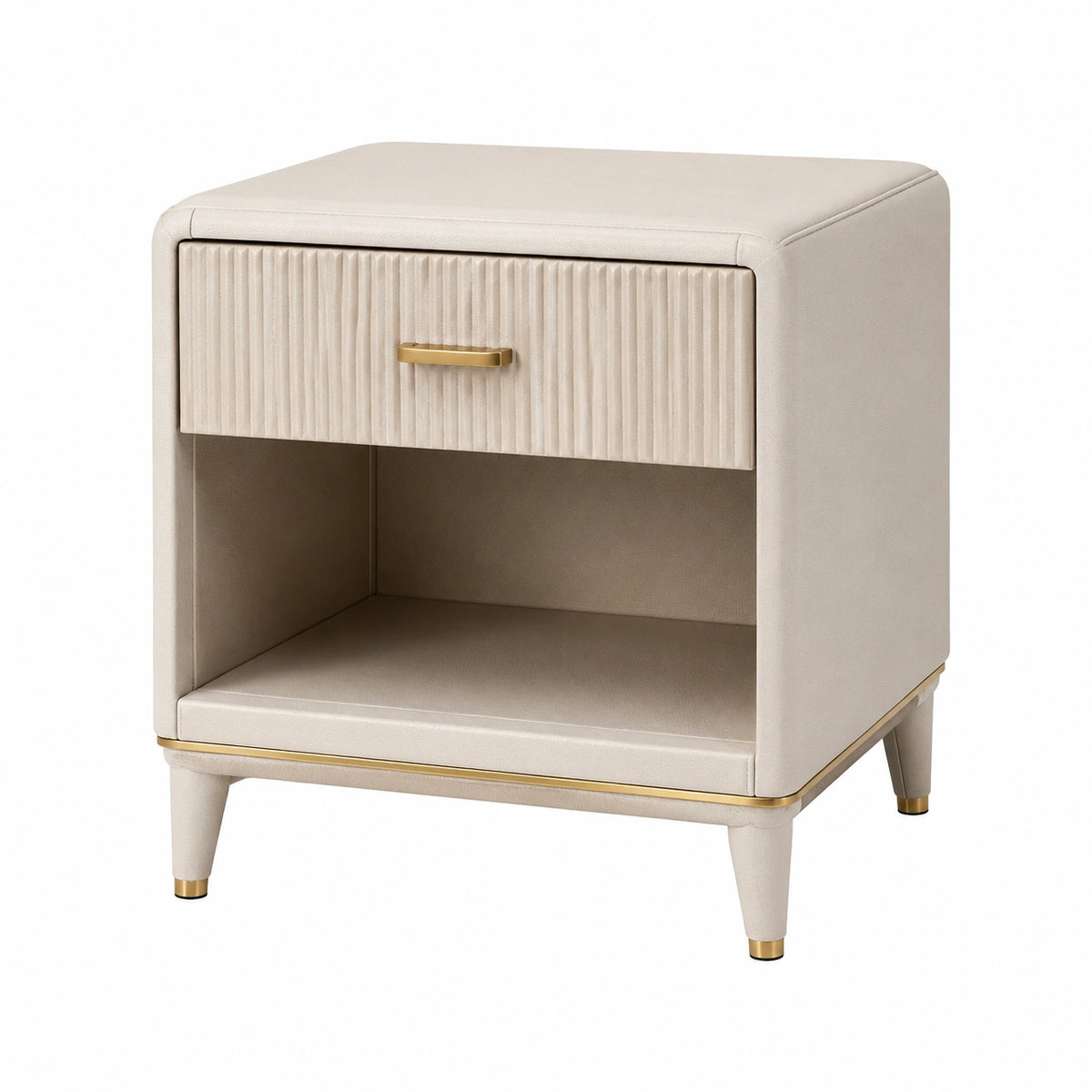Table de chevet contemporaine beige et dorée en tissu, 50 x 40 x 60 cm, avec tiroir et niche