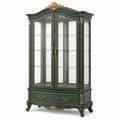 Vitrine classique vert foncé et doré en bois et verre, 110 x 45 x 210 cm