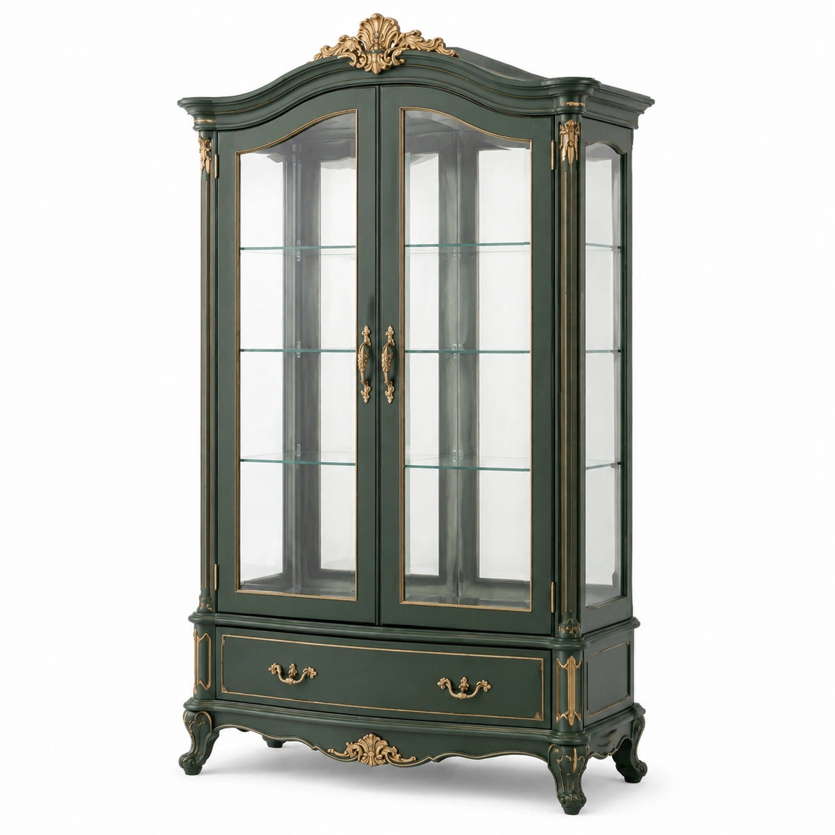 Vitrine classique vert foncé et doré en bois et verre, 110 x 45 x 210 cm