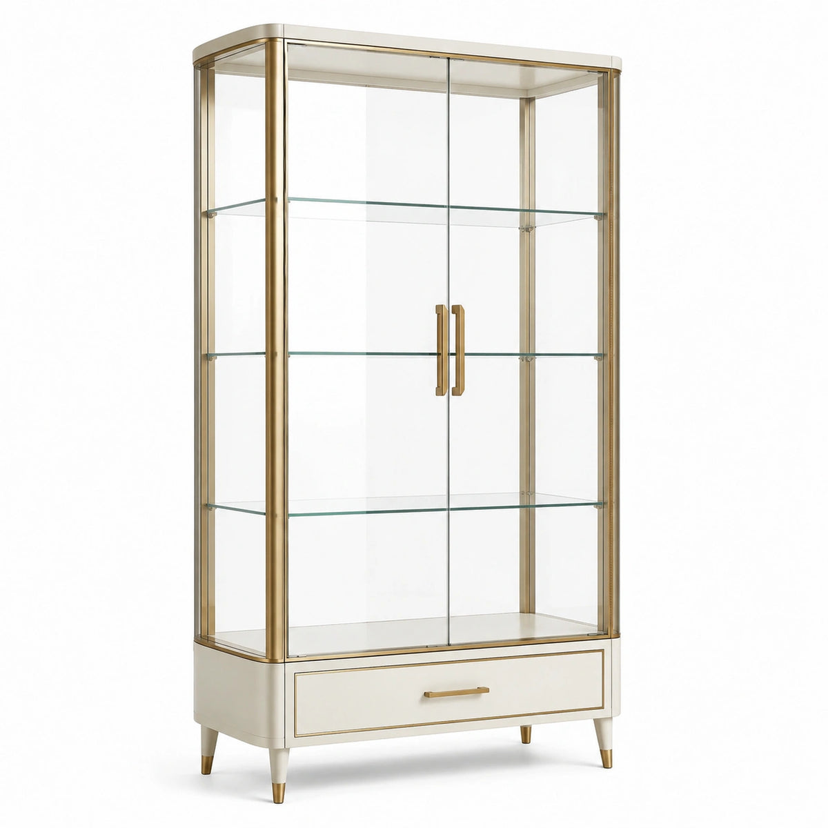 Vitrine contemporaine blanche, dorée et transparente 90 x 40 x 180 cm avec 2 portes, 3 étagères et tiroir