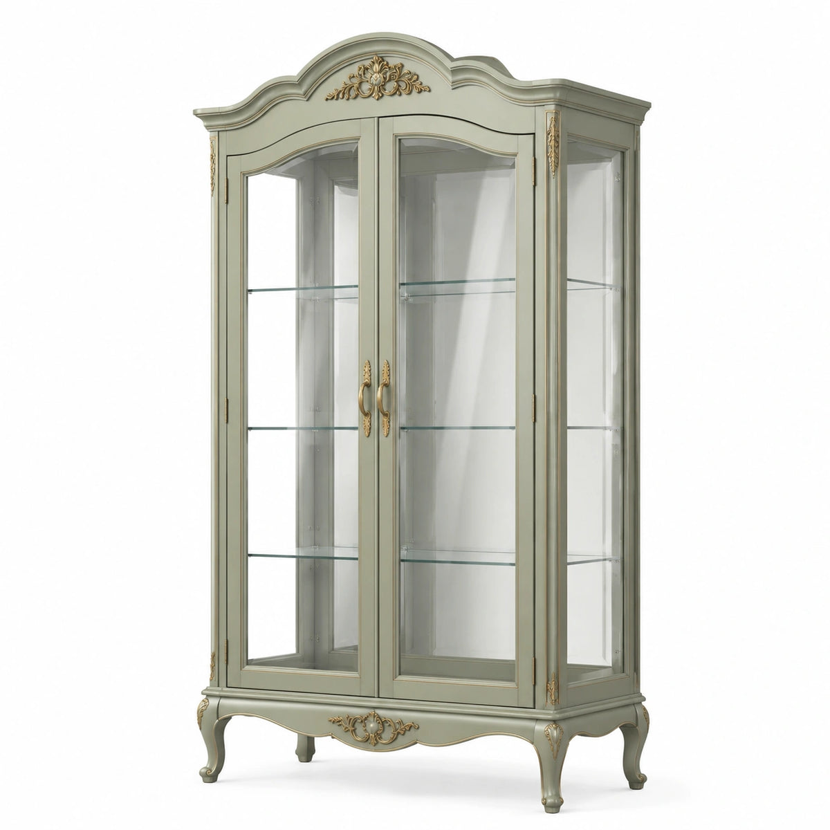 Vitrine classique vert sauge et doré en bois et verre, 100 x 45 x 190 cm