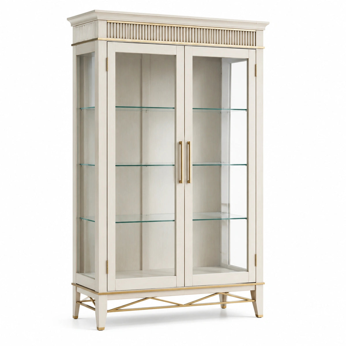Vitrine classique 100 x 45 x 190 cm en bois blanc, verre transparent et détails dorés