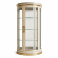 Vitrine ronde 90 x 190 cm en verre, métal et bois blanc doré avec étagères
