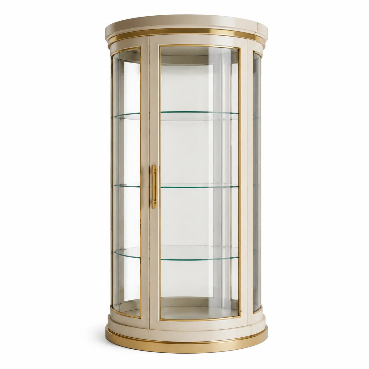 Vitrine ronde 90 x 190 cm en verre, métal et bois blanc doré avec étagères