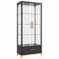 Vitrine contemporaine 80 x 40 x 180 cm en verre et métal noir, doré et transparent avec tiroir