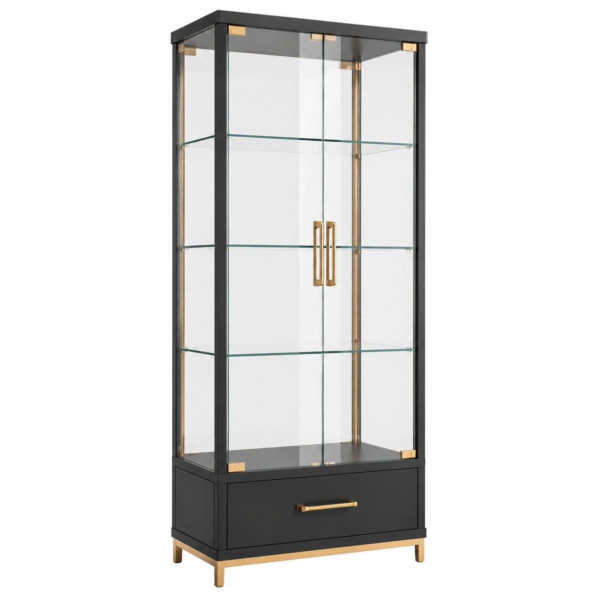 Vitrine contemporaine 80 x 40 x 180 cm en verre et métal noir, doré et transparent avec tiroir